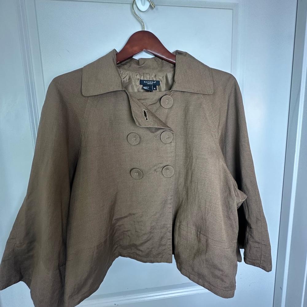 Sandro Linen Blend Crop Double Breasted Lightweight Brown Swing Blazer Jacket,XL